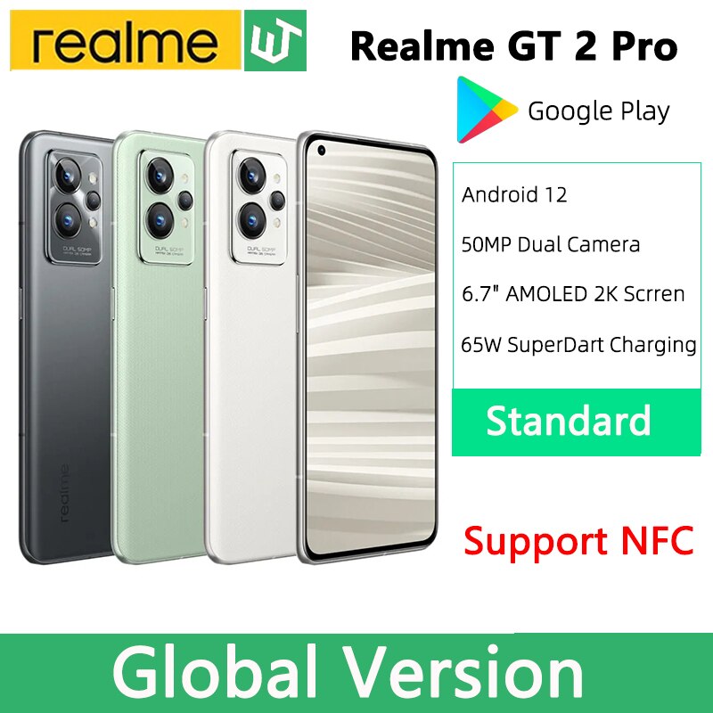 Realme 글로벌 버전 GT2 Pro, 6.7 인치, 2K AMOLED 스크린, 50MP 듀얼 카메라 스마트폰, 65W SuperDart 충전, 5000mAh 배터리, NFC 지지대